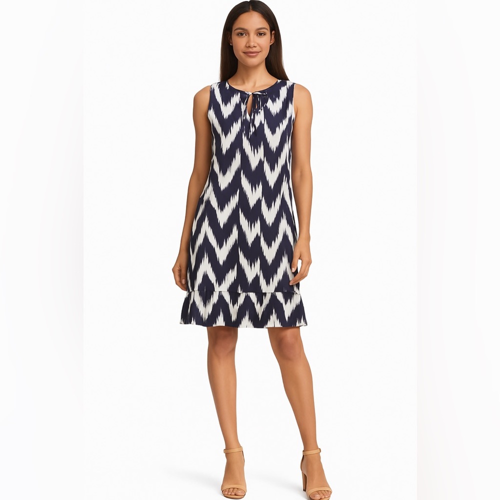 Michael Kors Dress Navy and White Chevron Zigzag Sleeveless Midi | Size S NWT